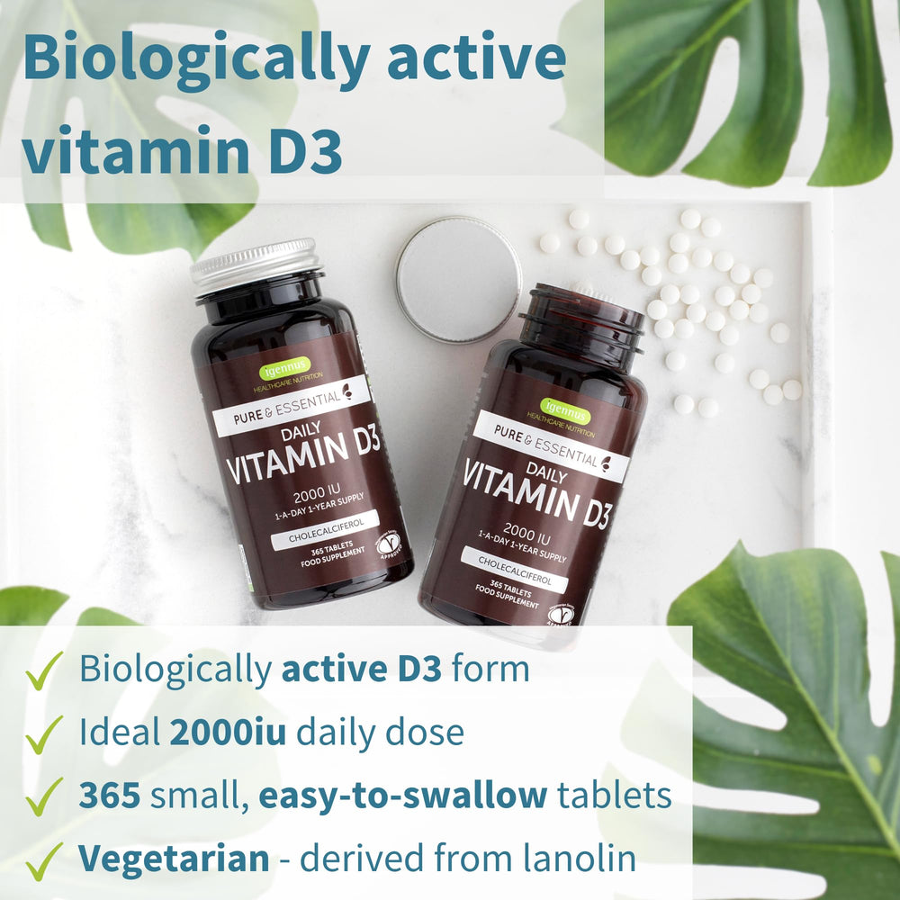 Close-up of Igennus Vitamin D3 tablet showing 2000iu dosage