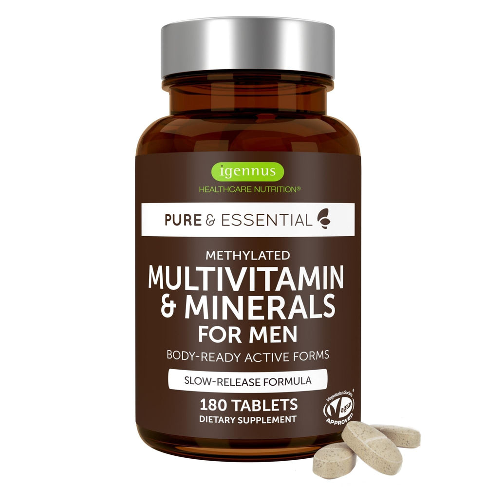 Igennus Methylated Men's Multivitamin bottle front supports daily active lifestyles