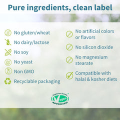 Label highlighting UK GMP manufactured and halal/vegetarian attributes