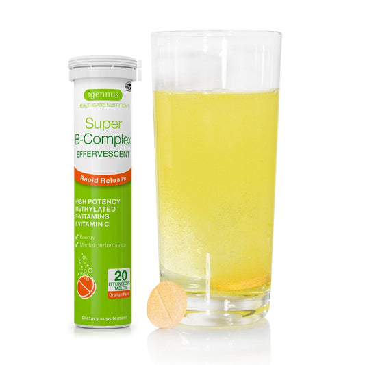 Igennus Super B-Complex bottle with orange-flavored effervescent tablets