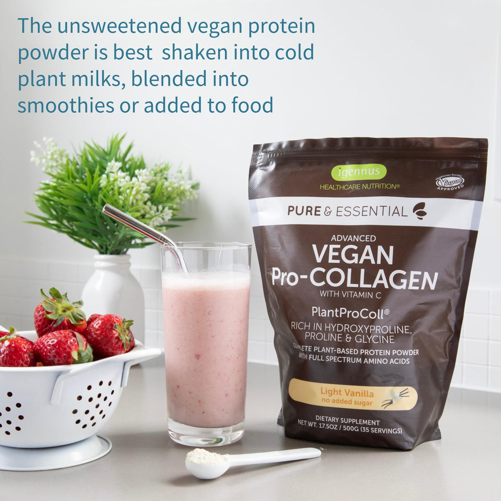 Unsweetened, non-GMO vegan collagen booster with vanilla flavor