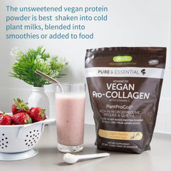 Unsweetened, non-GMO vegan collagen booster with vanilla flavor