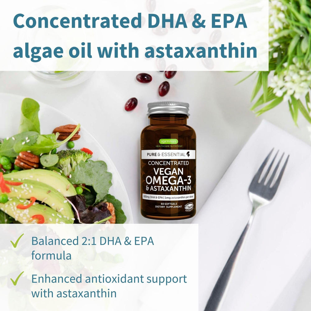 Front view of Igennus vegan omega-3 algae oil packaging