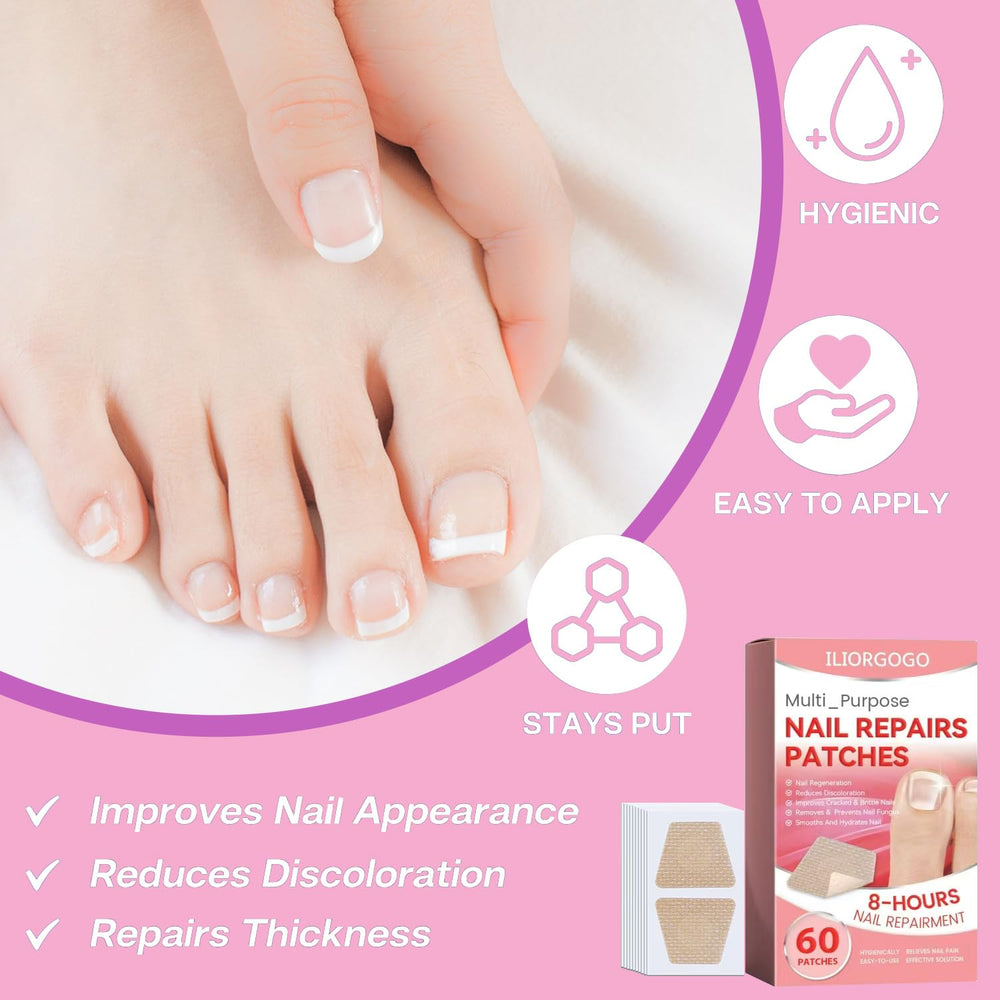 ILIORGOGO bottle beside patches for easy bedtime nail care routine