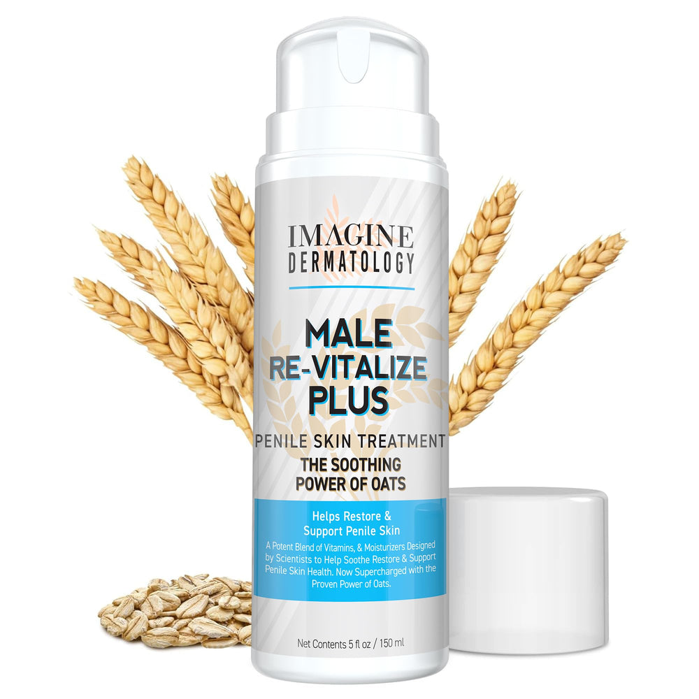 Imagine Dermatology Male Re-Vitalize Plus bottle, skin-friendly solution for daily care.