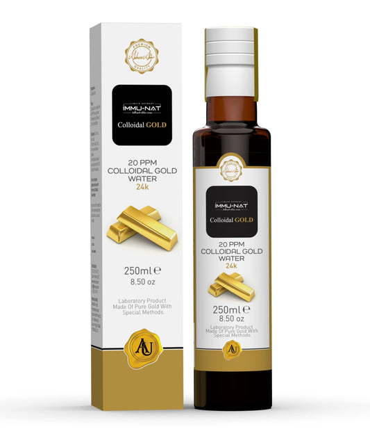 Front view of Immu-nat Colloidal Gold Water bottle, 24K 20ppm, 8.5oz