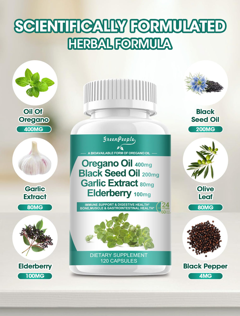 Product imagery highlighting immune, digestive, and respiratory support