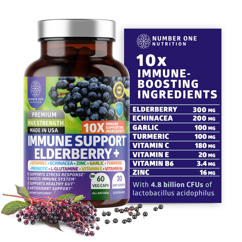 Premium 10 in 1 Immune Support supplement bottle with elderberry and probiotics