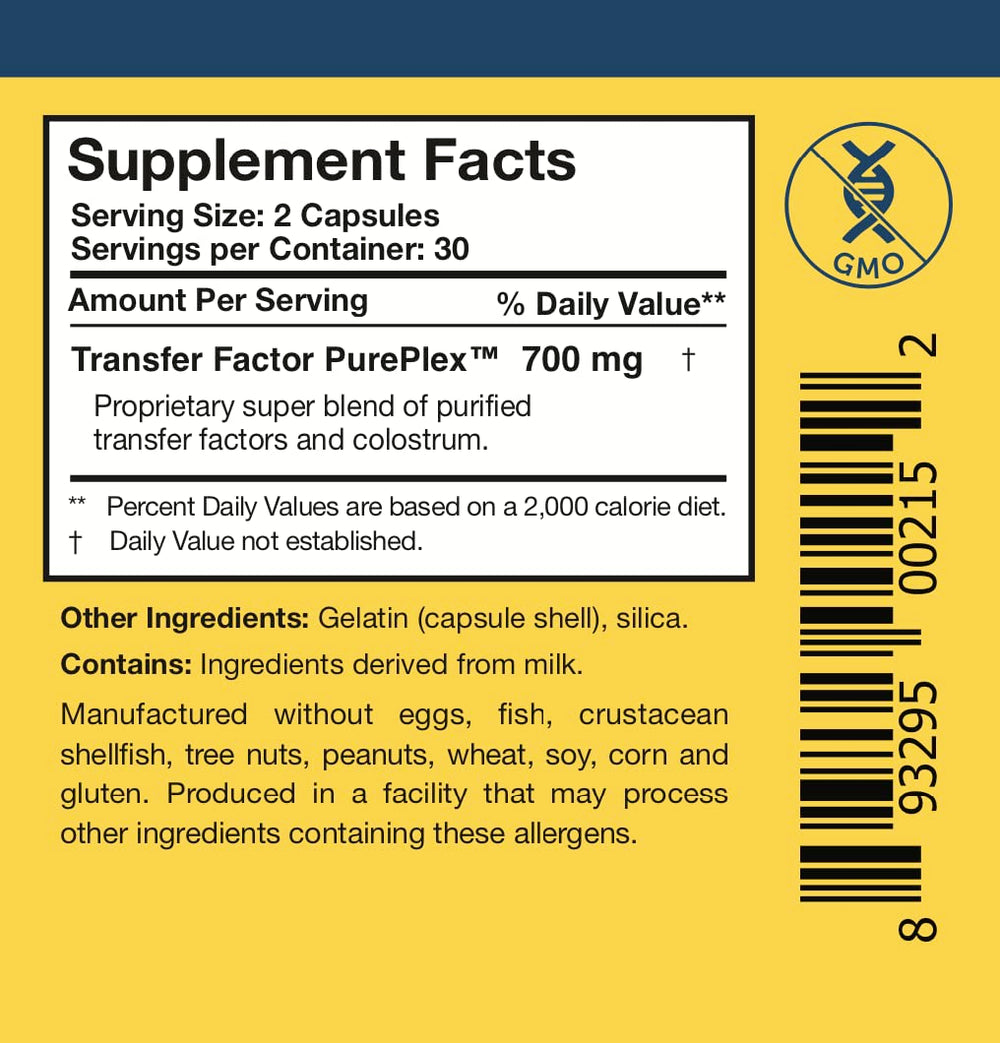 Close-up of the Transfer Factor Sensitive bottle with capsules
