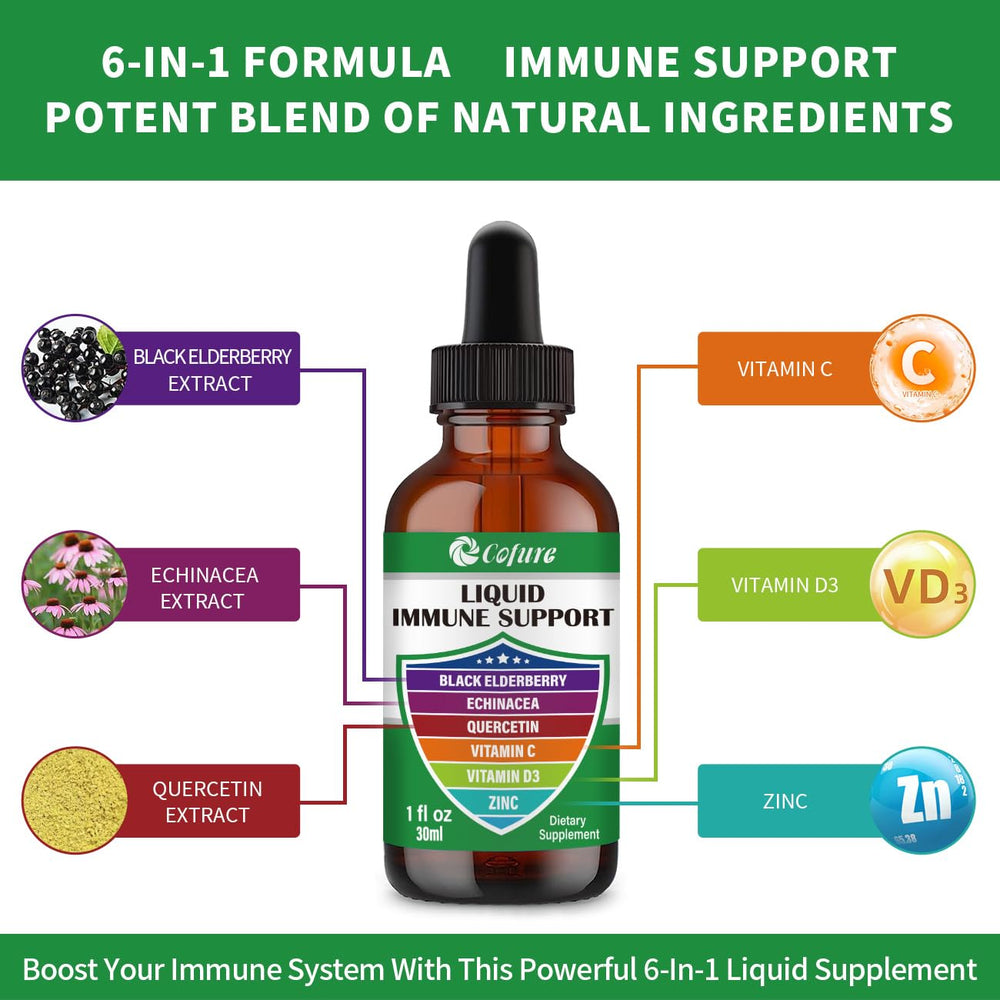 Dropper dispensing immune support liquid beside the bottle