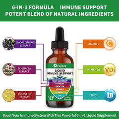 Dropper dispensing immune support liquid beside the bottle