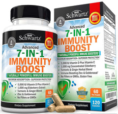 Product bottle label highlighting immune support ingredients: zinc, vitamin C, vitamin D 5000 IU, elderberry, ginger, and goldenseal