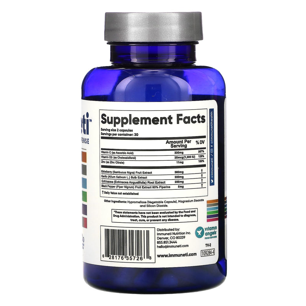 Immuneti Advanced Immune Support label closeup highlights elderberry and zinc for reliable year-round immune support.