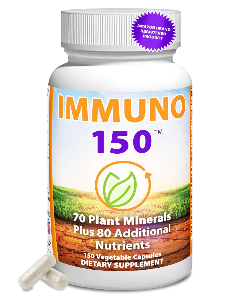 Immuno 150 bottle and capsules on a white background