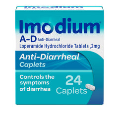 Imodium A-D Caplets blister pack for travel-ready diarrhea relief on the go