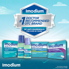 Imodium A-D Caplets carried in a purse or bag for on-the-go relief