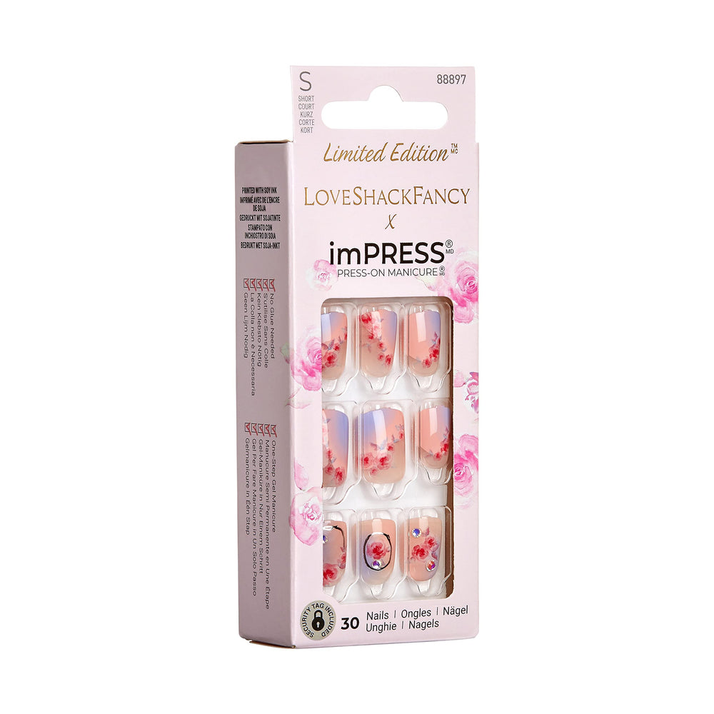 imPRESS LoveshackFancy sunkissed-peach nails close-up, glossy finish for durable wear