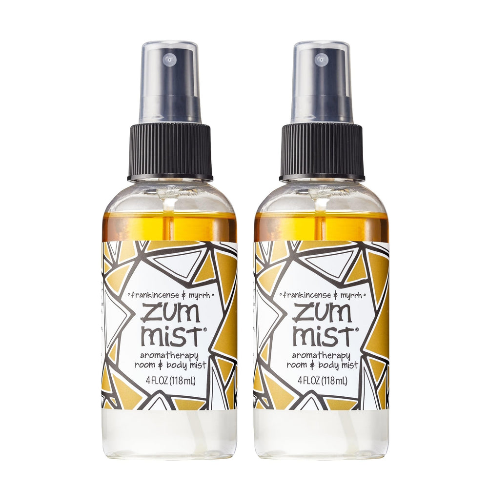 Front view of Indigo Wild Zum Mist Room & Body Spray bottle (Frankincense & Myrrh, 4 oz, 2 pack)