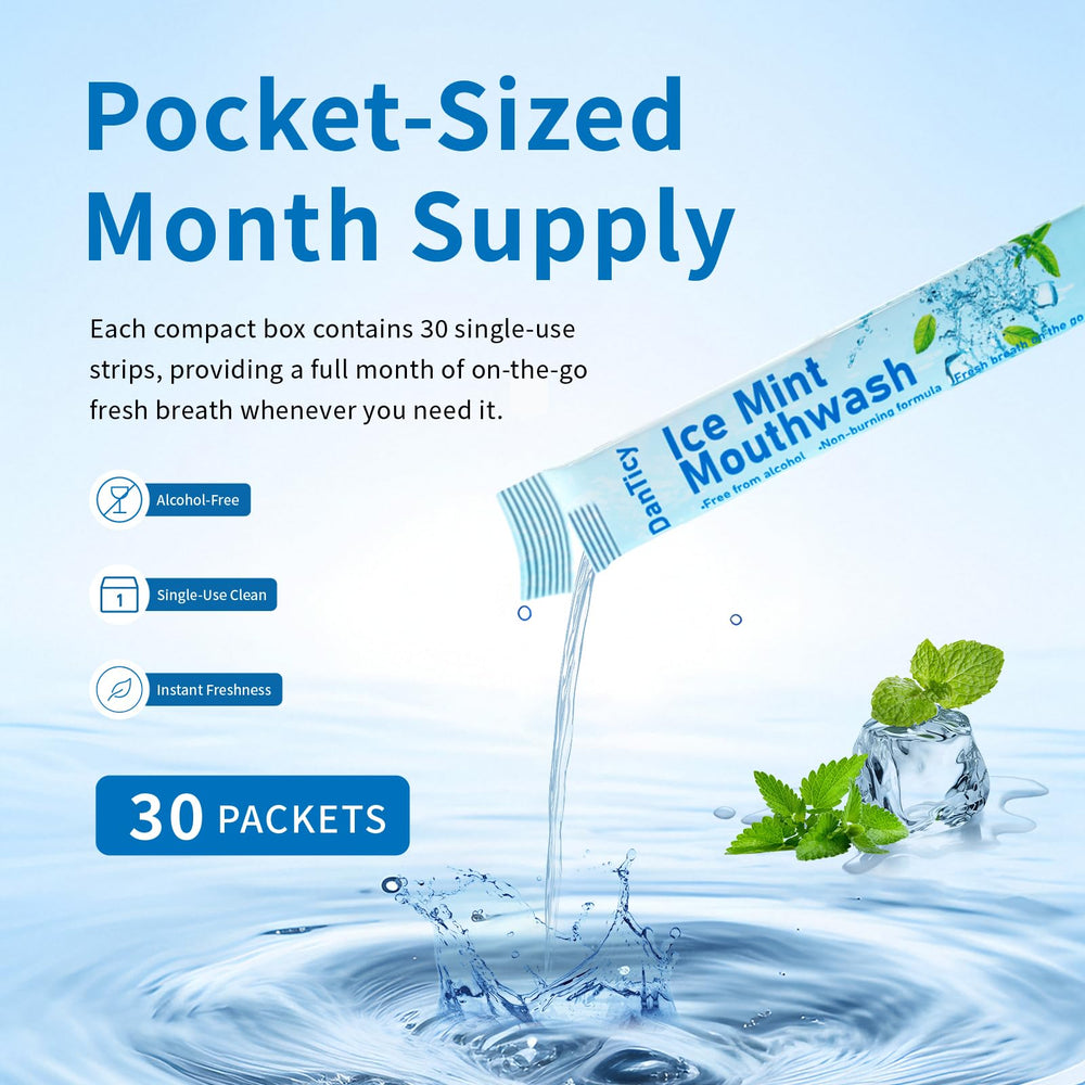 Individual 0.41 fl oz mouthwash packets in mint flavor