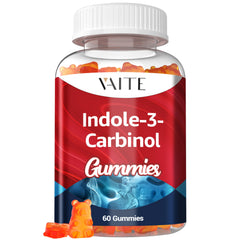 Bottle label showing Indole-3-Carbinol 400mg gummies with vegan, non-GMO, gluten-free icons