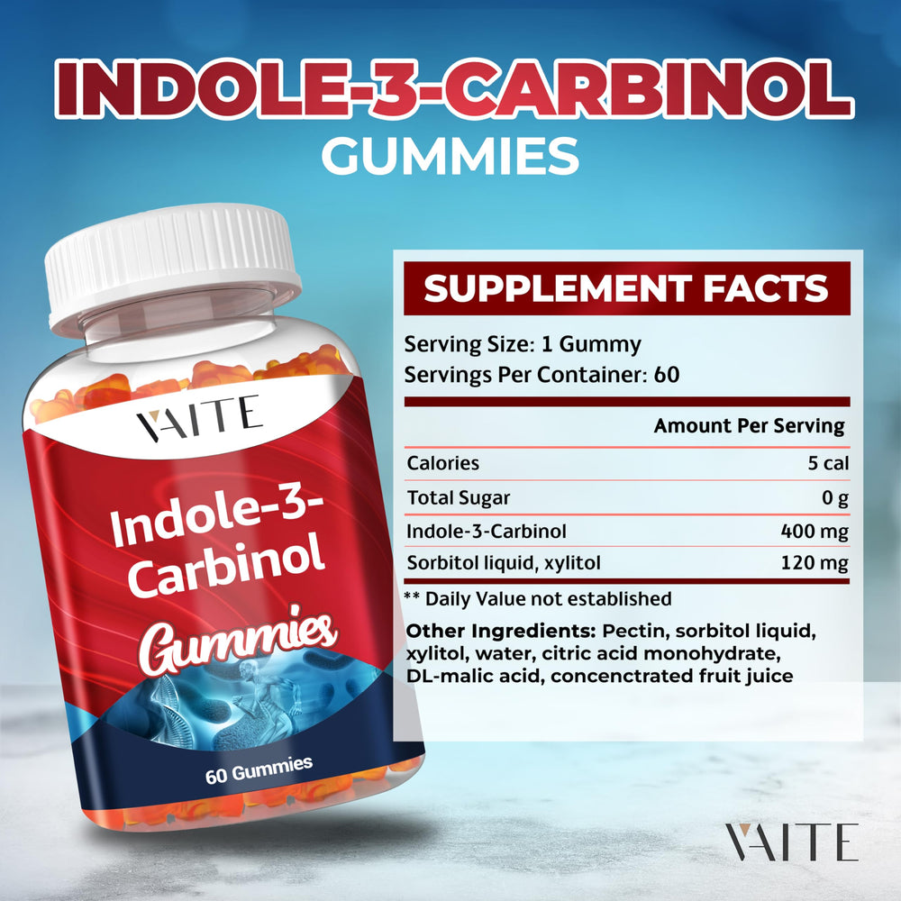 Assorted Indole-3-Carbinol gummies representing hormonal balance and antioxidant support