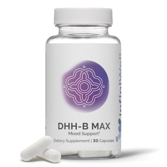 InfiniWell DHH-B Max 15mg mood support supplement bottle and capsules