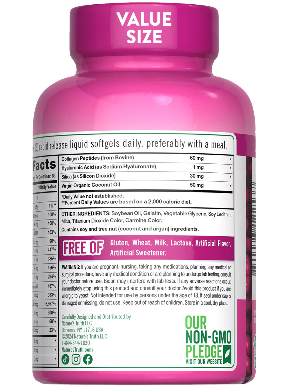 Ingredients and benefits chart for Biotin, Collagen and Coconut Oil
