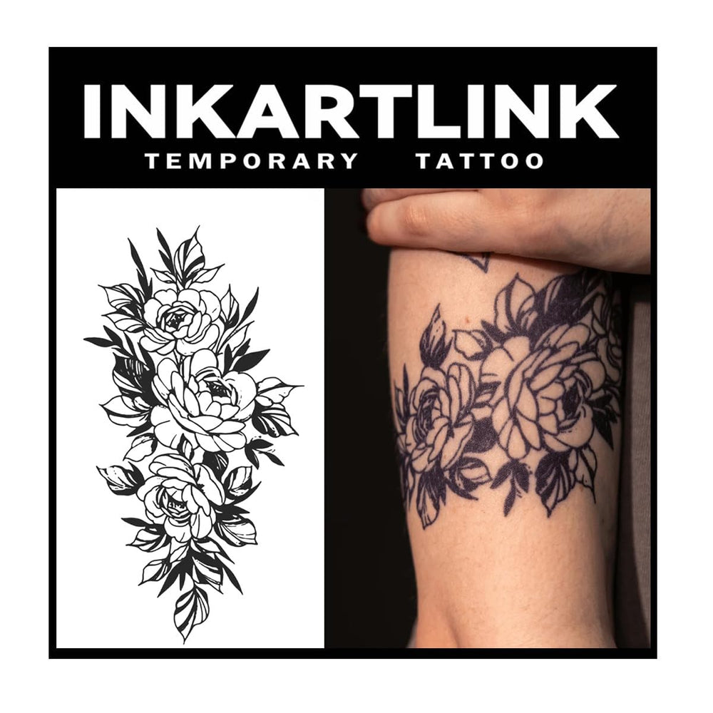 INKARTLINK blooming cascade design tattoo on skin; vivid, semi-permanent look lasting 1-2 weeks.