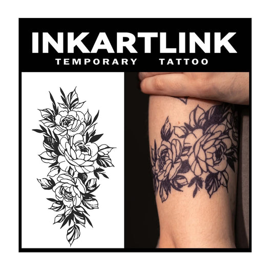 INKARTLINK blooming cascade design tattoo on skin; vivid, semi-permanent look lasting 1-2 weeks.