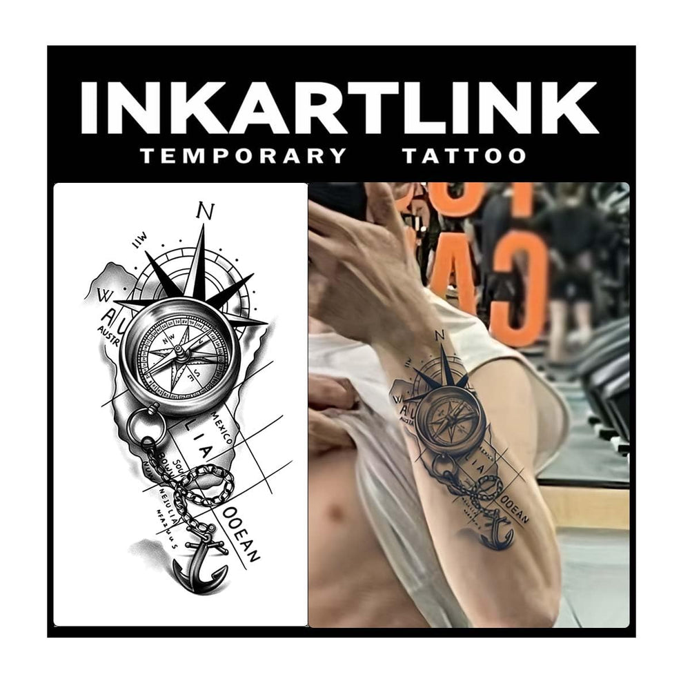 INKARTLINK compass large tattoo on arm demonstrates durable, water-resistant wear.