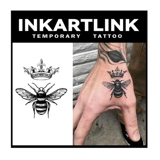 INKARTLINK Crown and Bee tattoo design close-up for stylish temporary body art.