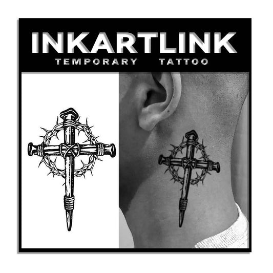 INKARTLINK Tattoo Tech Thorn Cross closeup shows a realistic, long-lasting semi-permanent design.