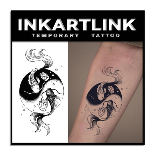 INKARTLINK Tattoo Tech Yin Yang Koi design on forearm for stylish temporary art.