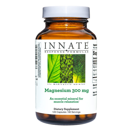 Front view of INNATE Magnesium 300 mg bottle displaying 120 capsules