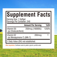 Label showing 10,000 IU D3 and 200 mcg MK-7