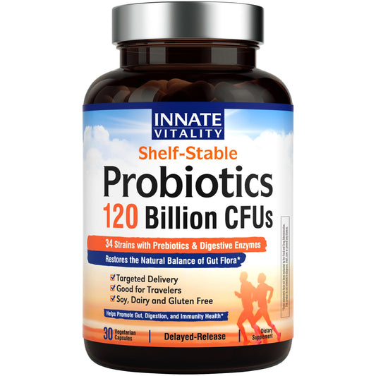 Innate Vitality Probiotics bottle and box showing 120B CFUs and 34 strains