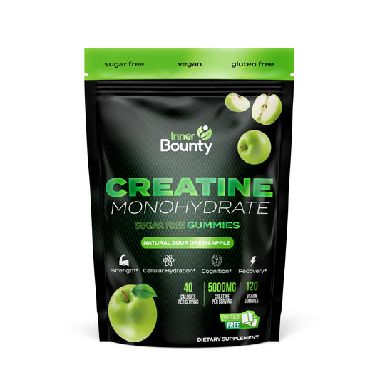 Front view of Inner Bounty Creatine Gummies Apple flavor bottle with 120 vegan chews