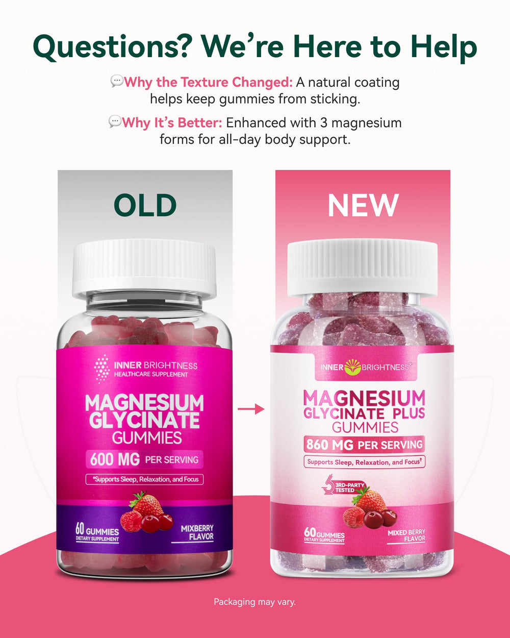 Inner Brightness Glycinate Plus gummies closeup emphasizes berry flavor for nightly use