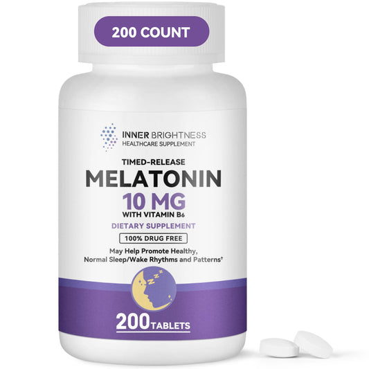 Bottle of Inner Brightness Melatonin 10mg tablets - front view