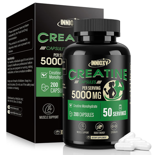 INNIOXV Creatine Monohydrate bottle with capsules on white background