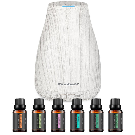InnoGear 100ml essential oil diffuser with six oils in grey wood grain