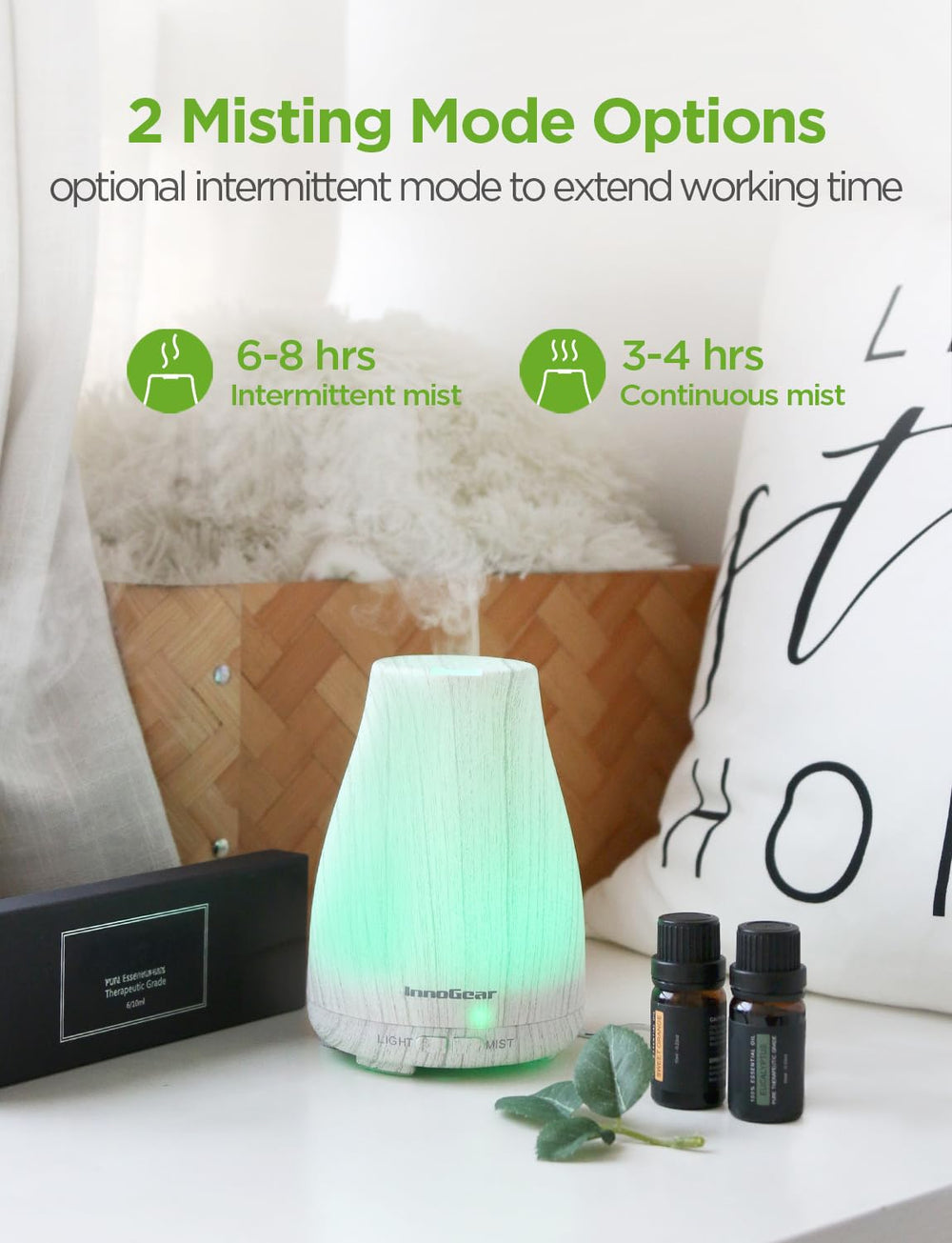 Six essential oil bottles included: tea tree, lavender, eucalyptus, lemongrass, peppermint, sweet orange