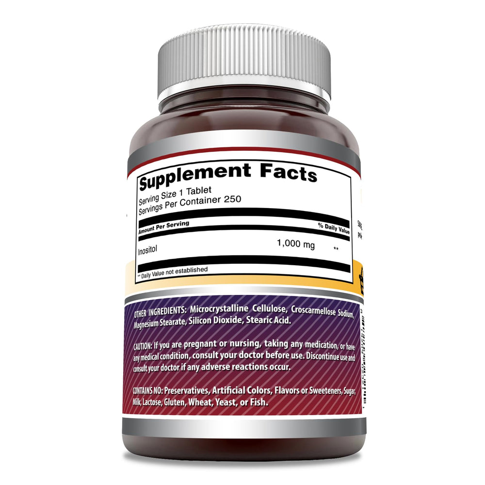 Close-up of Inositol supplement label showing Non-GMO and Gluten-Free