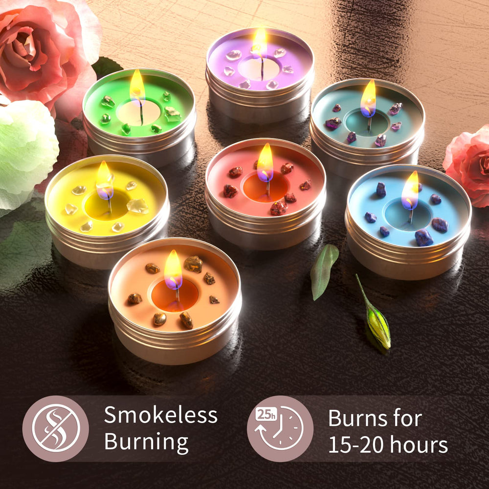 Chakra tumble stones with candles inside