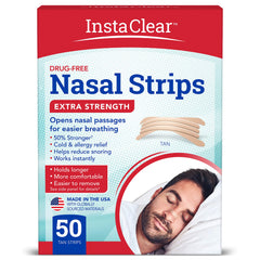 Instaclear extra-strength nasal strips packaging shows 50 count for instant airflow support.