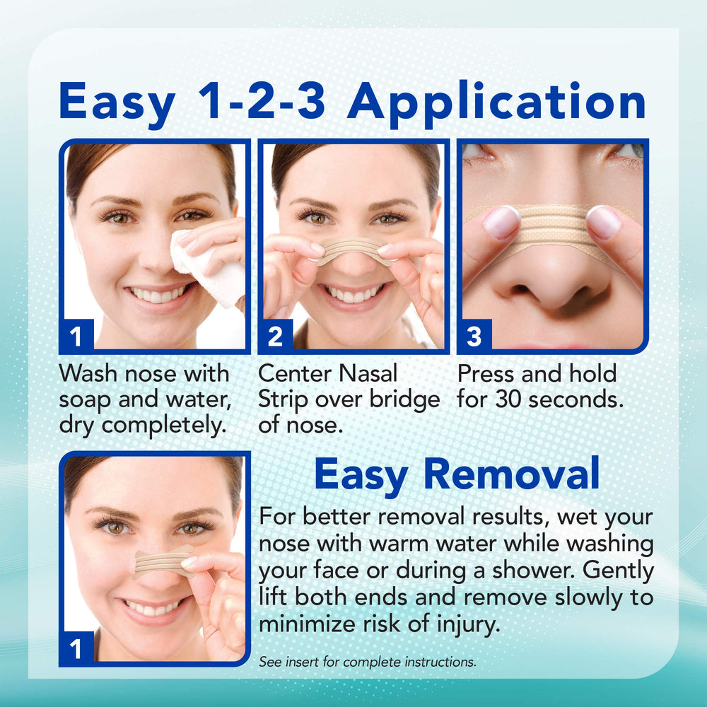 Instaclear tan-nasal-strips closeup on skin emphasizes comfortable fit while sleeping.