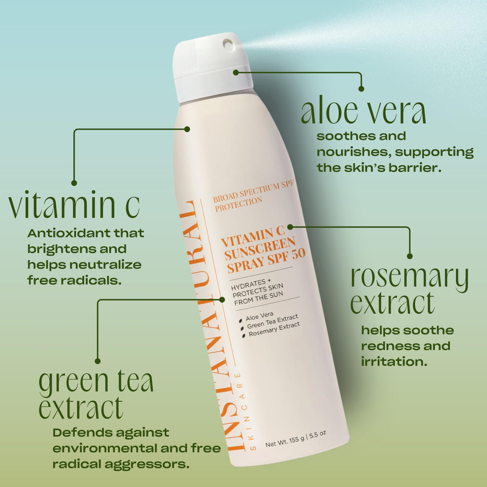 Instanatural Vitamin C SPF50 spray shows a clear, sheer finish on skin.