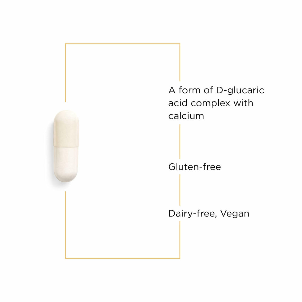 Integrative Therapeutics Calcium D-Glucarate label close-up, emphasizing gluten and dairy-free formula.