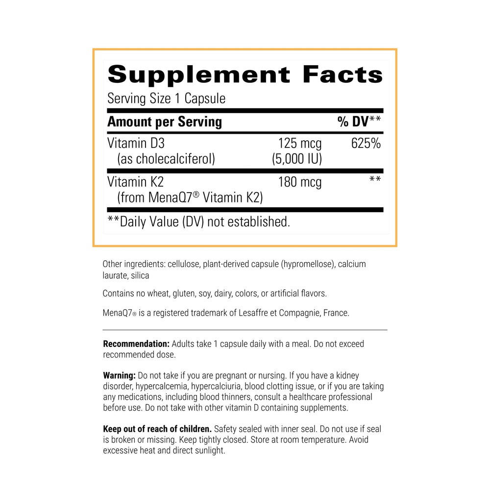 Close-up of bottle label highlighting MenaQ7 vitamin K2 and vitamin D3