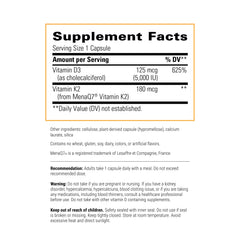 Close-up of bottle label highlighting MenaQ7 vitamin K2 and vitamin D3